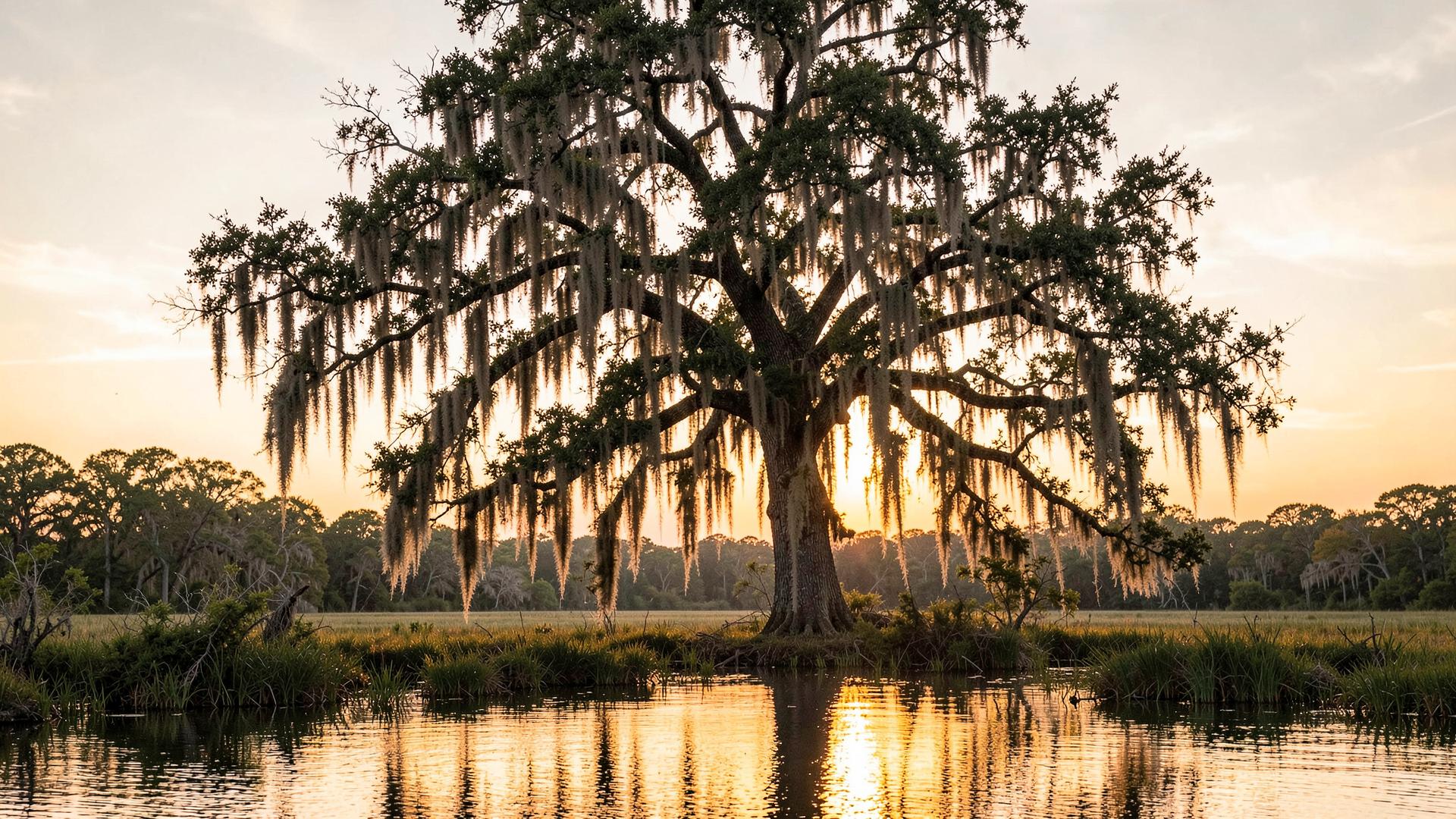 Live oak draped in Spanish moss at sunset over a lowcountry river